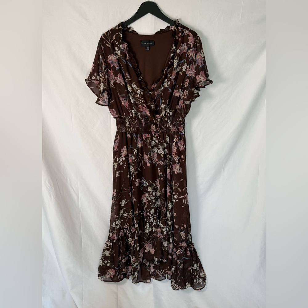 Lane Bryant Chiffon Midi Dress Chocolate Brown with Pink & Cream Blooms 18/20
